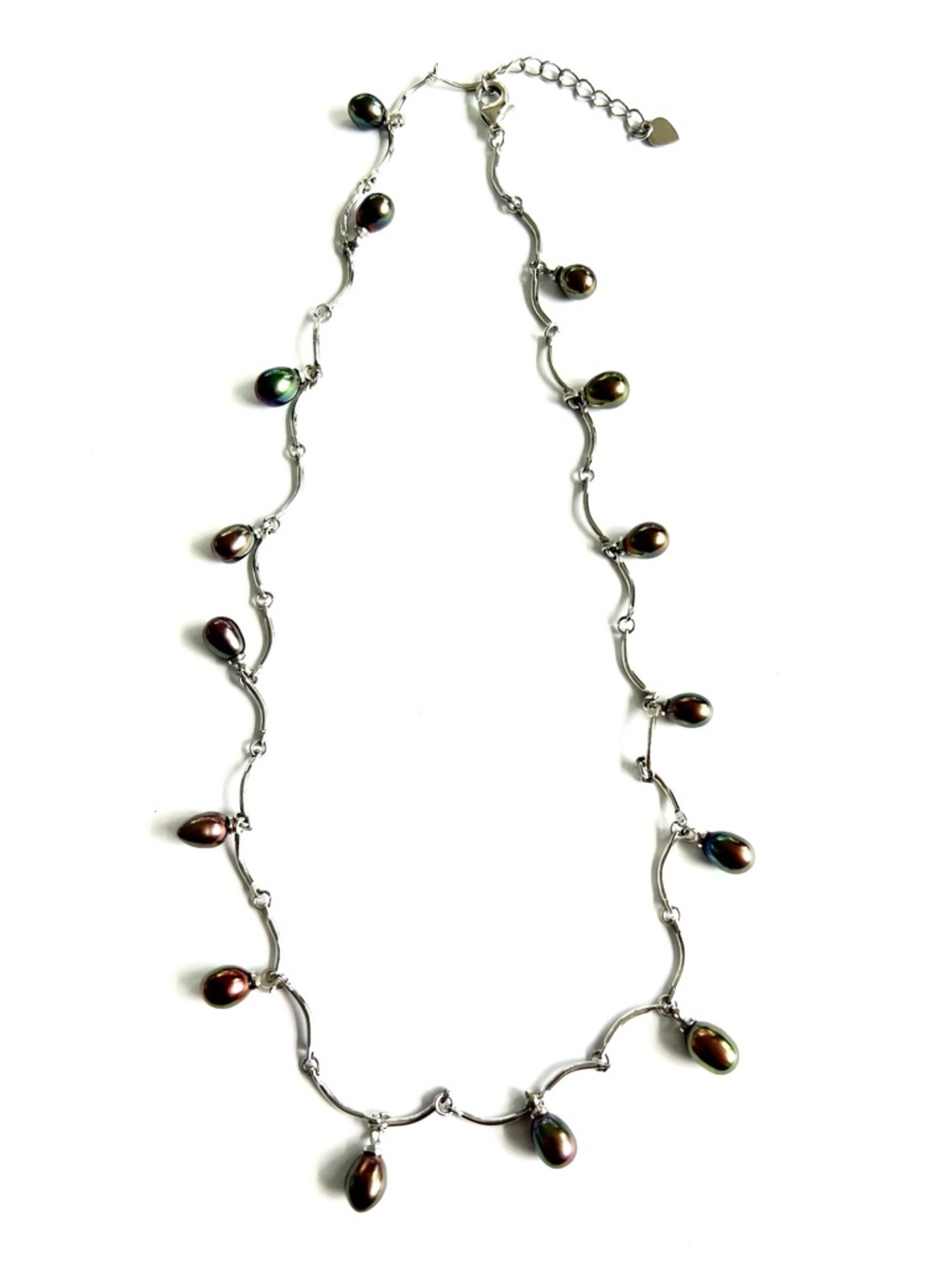 NWOT Freshwater Peacock Pearl Wavy Link Silver Rhodium Plated Station Necklace